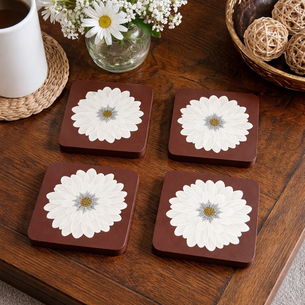 Hand-Painted White Daisy Wooden Coasters – Set of 4